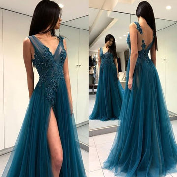 Sexy Long Prom Dresses V-Neck High Slit Appliqued Tulle Backless Long Evening Party Gowns F Formal Dress Abendkleider prom dress HZ1023